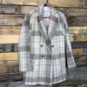 H&M Cream and Brown Plaid Pea Coat